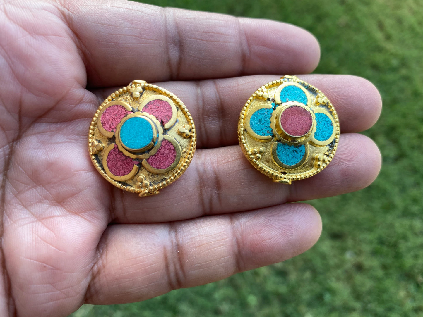 Tibetan Center Bead, 18k Brushed Gold Overlay with Anti Tarnish, Turquoise with Coral Inlay Bead. Handmade Himalayan Focal Bead for Necklace