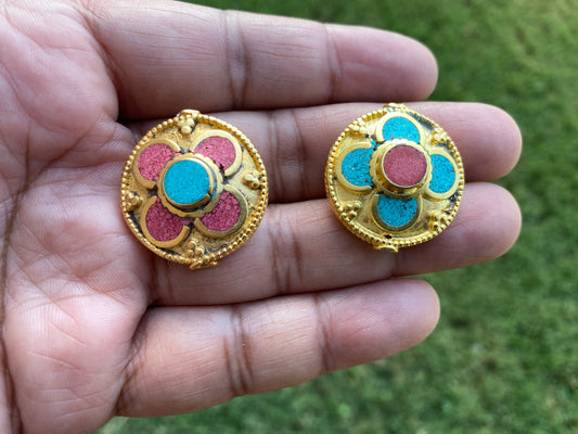 Tibetan Center Bead, 18k Brushed Gold Overlay with Anti Tarnish, Turquoise with Coral Inlay Bead. Handmade Himalayan Focal Bead for Necklace