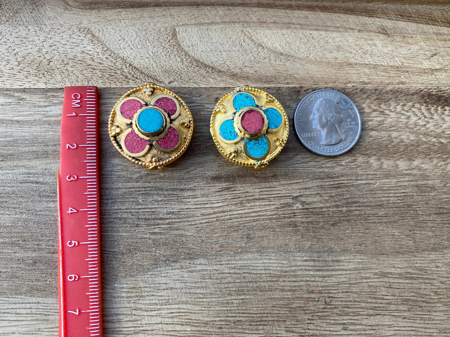 Tibetan Center Bead, 18k Brushed Gold Overlay with Anti Tarnish, Turquoise with Coral Inlay Bead. Handmade Himalayan Focal Bead for Necklace