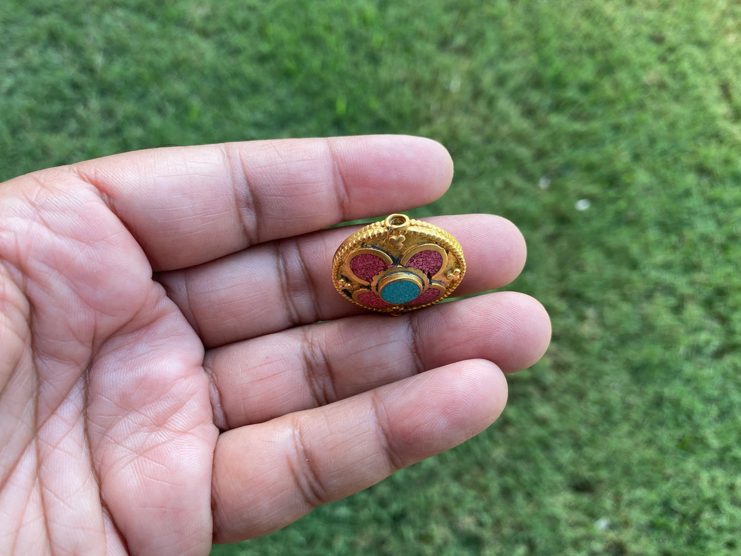 Tibetan Center Bead, 18k Brushed Gold Overlay with Anti Tarnish, Turquoise with Coral Inlay Bead. Handmade Himalayan Focal Bead for Necklace