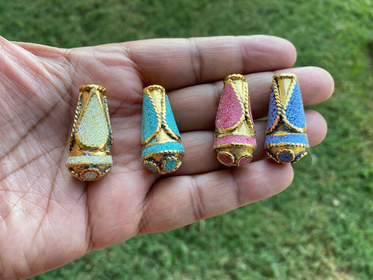 Tibetan Cone Shape Bead, 18k Matte Gold Overlay over Brass, Turquoise Coral Lapis Inlay Bead, Ethnic Tribal Nepalese Himalayan J