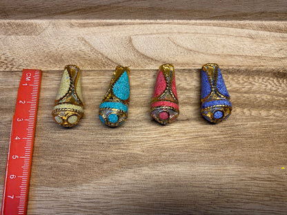 Tibetan Cone Shape Bead, 18k Matte Gold Overlay over Brass, Turquoise Coral Lapis Inlay Bead, Ethnic Tribal Nepalese Himalayan J