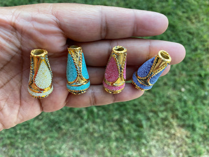 Tibetan Cone Shape Bead, 18k Matte Gold Overlay over Brass, Turquoise Coral Lapis Inlay Bead, Ethnic Tribal Nepalese Himalayan J