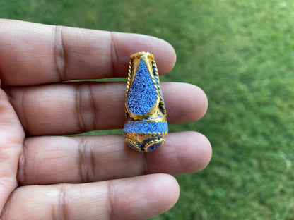 Tibetan Cone Shape Bead, 18k Matte Gold Overlay over Brass, Turquoise Coral Lapis Inlay Bead, Ethnic Tribal Nepalese Himalayan J