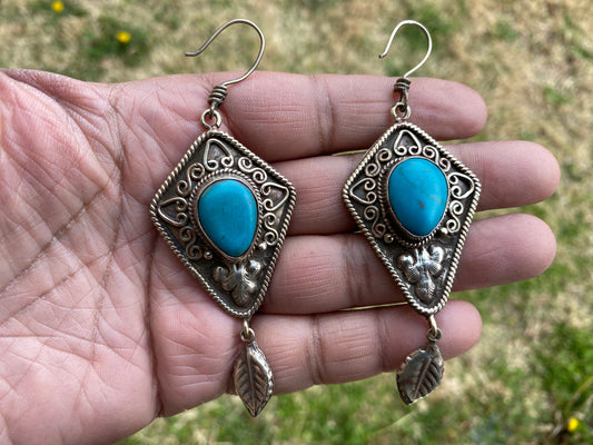 Tibetan Designs Earrings, Made with Tibetan Silver Howlite Turquoise Stone, Tribal Earrings, Bohemian Earrings, Gift for Wife, Light Weight