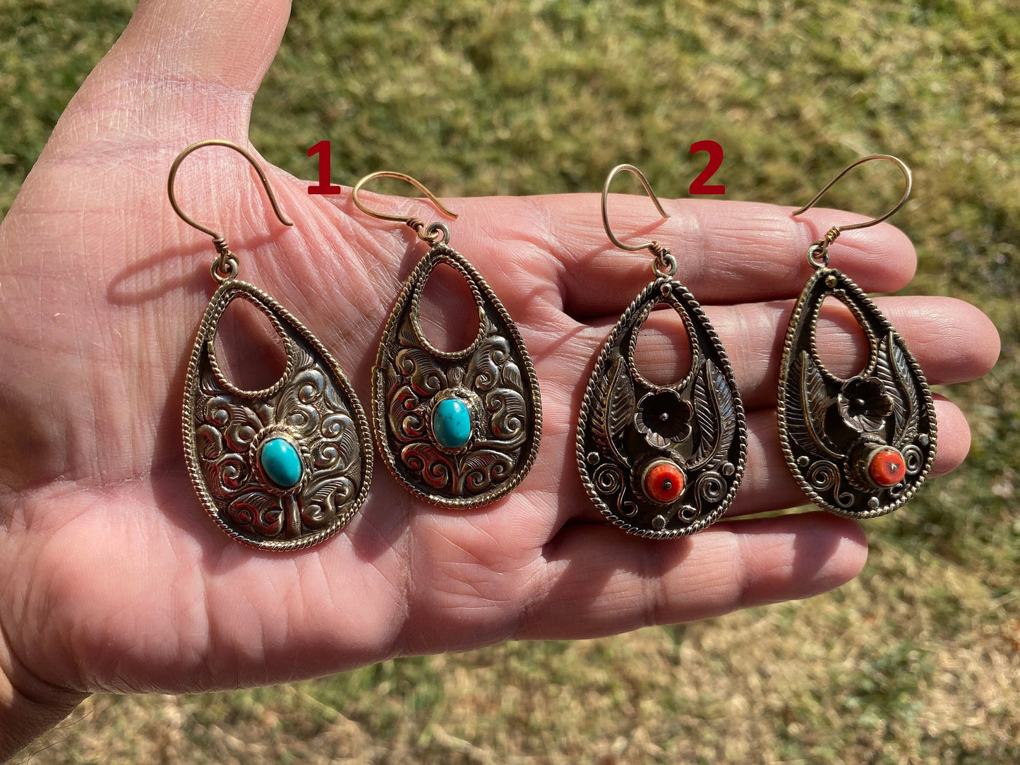 Tibetan Designs Earrings, Made with Tibetan Silver Turquoise or Coral Stone, Tribal Earrings, Bohemian Earrings, Gift for Wife, Light Weight