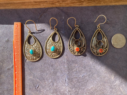 Tibetan Designs Earrings, Made with Tibetan Silver Turquoise or Coral Stone, Tribal Earrings, Bohemian Earrings, Gift for Wife, Light Weight