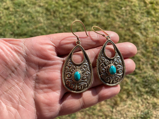 Tibetan Designs Earrings, Made with Tibetan Silver Turquoise or Coral Stone, Tribal Earrings, Bohemian Earrings, Gift for Wife, Light Weight