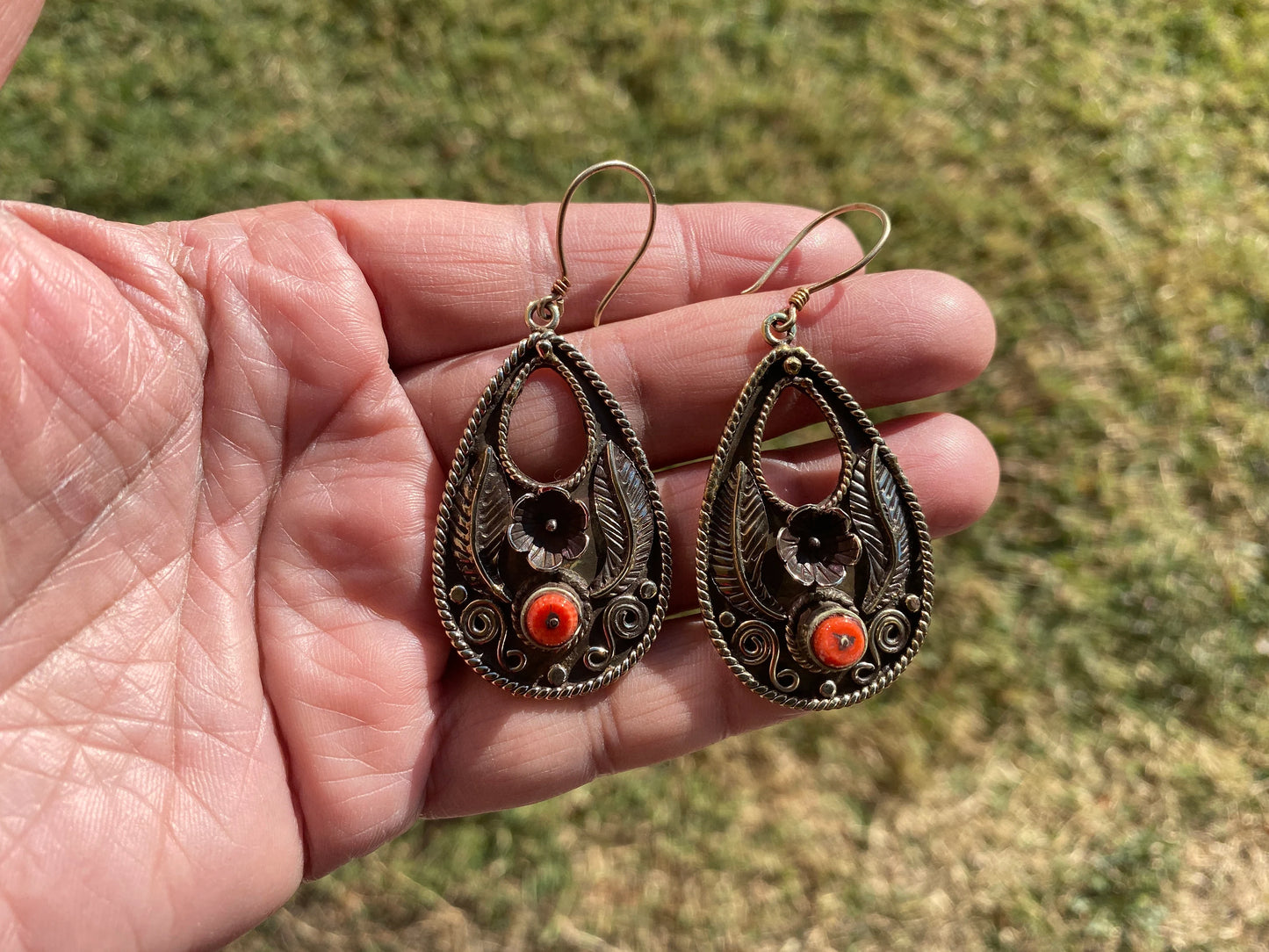 Tibetan Designs Earrings, Made with Tibetan Silver Turquoise or Coral Stone, Tribal Earrings, Bohemian Earrings, Gift for Wife, Light Weight