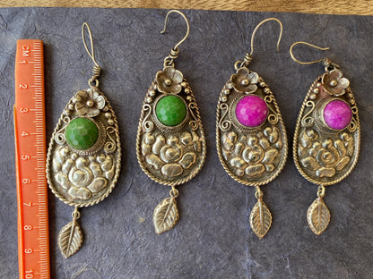 Tibetan Designs Earrings, Made with Tibetan Silver & Green Agate or Purple Agate Stone, Tribal Earrings, Bohemian Earrings, Gift for Wife