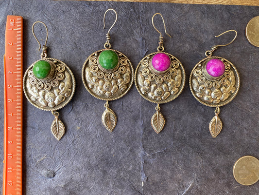 Tibetan Designs Earrings, Made with Tibetan Silver & Green Agate or Purple Agate Stone, Tribal Earrings, Bohemian Earrings, Gift for Wife
