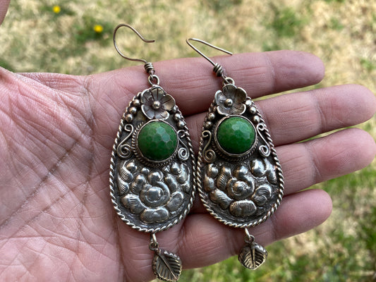 Tibetan Designs Earrings, Made with Tibetan Silver & Green Agate or Purple Agate Stone, Tribal Earrings, Bohemian Earrings, Gift for Wife