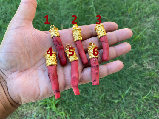 Red Dyed Coral Branch Pendant, Matte Gold Overlay, Tibetan Ethnic Bohemian, Tribal Jewelry Making, Craft Supplies, Summer Fashion Pendant