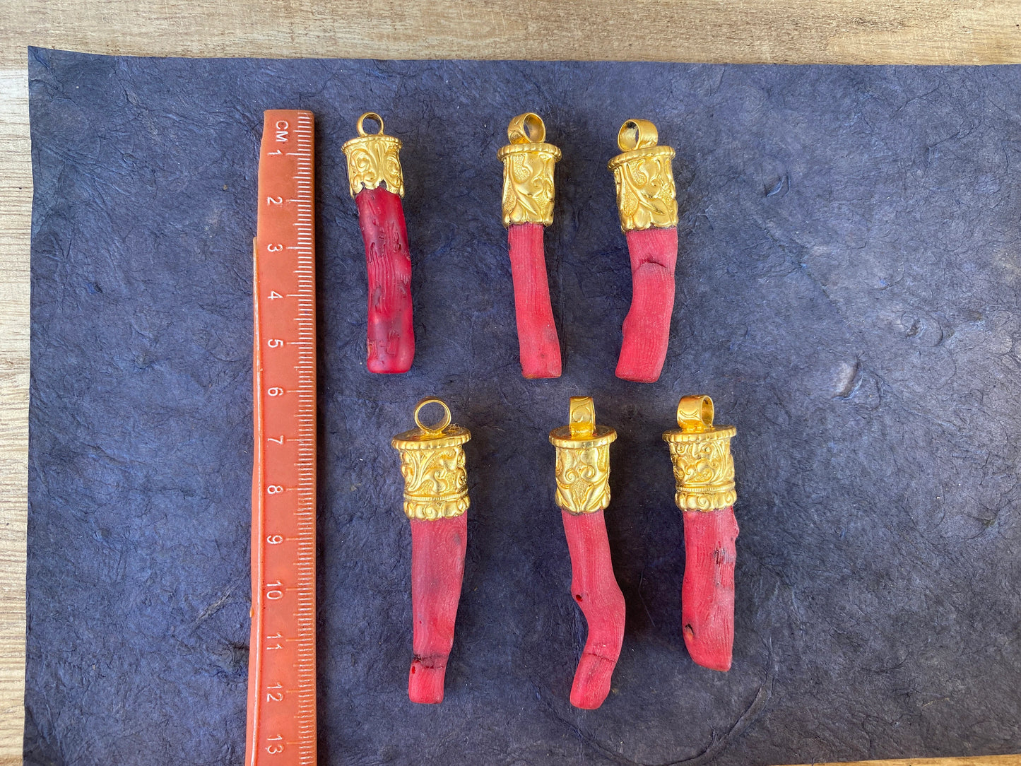 Red Dyed Coral Branch Pendant, Matte Gold Overlay, Tibetan Ethnic Bohemian, Tribal Jewelry Making, Craft Supplies, Summer Fashion Pendant