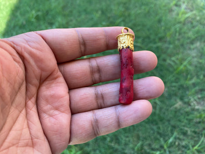 Red Dyed Coral Branch Pendant, Matte Gold Overlay, Tibetan Ethnic Bohemian, Tribal Jewelry Making, Craft Supplies, Summer Fashion Pendant