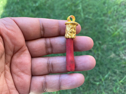 Red Dyed Coral Branch Pendant, Matte Gold Overlay, Tibetan Ethnic Bohemian, Tribal Jewelry Making, Craft Supplies, Summer Fashion Pendant