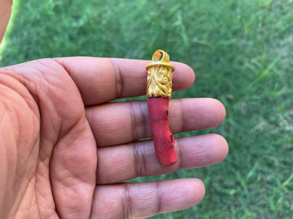 Red Dyed Coral Branch Pendant, Matte Gold Overlay, Tibetan Ethnic Bohemian, Tribal Jewelry Making, Craft Supplies, Summer Fashion Pendant