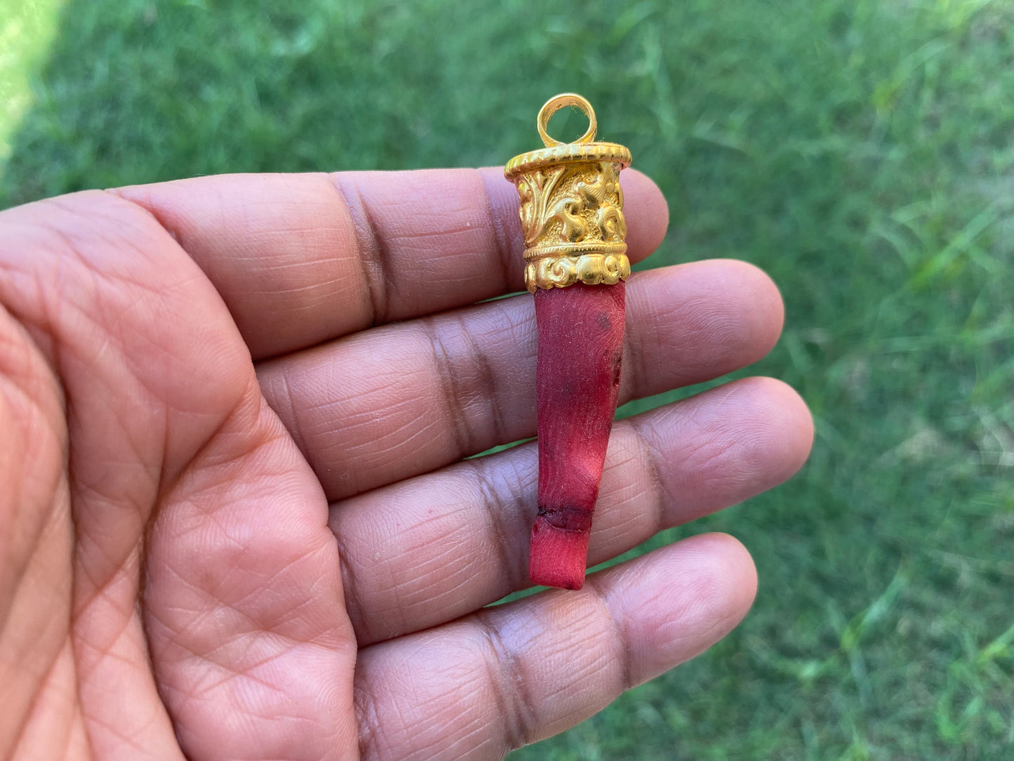 Red Dyed Coral Branch Pendant, Matte Gold Overlay, Tibetan Ethnic Bohemian, Tribal Jewelry Making, Craft Supplies, Summer Fashion Pendant