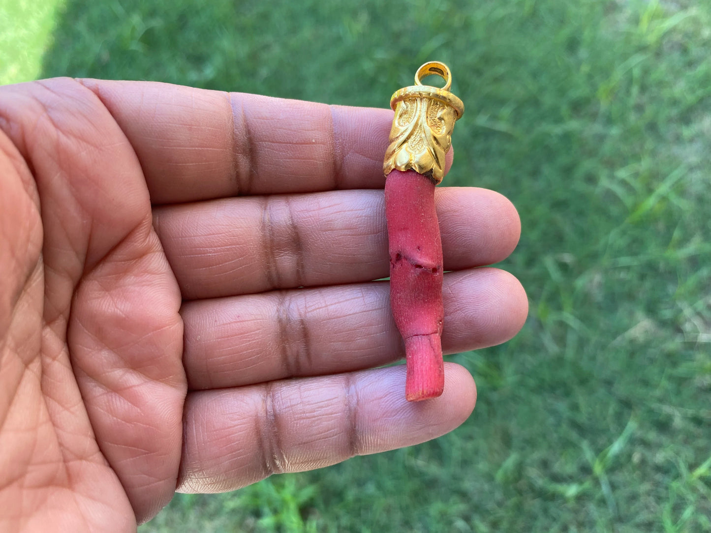 Red Dyed Coral Branch Pendant, Matte Gold Overlay, Tibetan Ethnic Bohemian, Tribal Jewelry Making, Craft Supplies, Summer Fashion Pendant