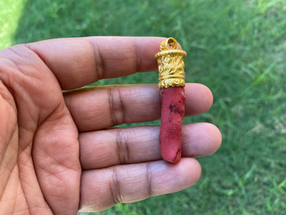 Red Dyed Coral Branch Pendant, Matte Gold Overlay, Tibetan Ethnic Bohemian, Tribal Jewelry Making, Craft Supplies, Summer Fashion Pendant