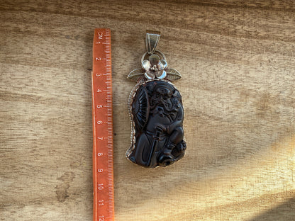 Tibetan God Tibetan Silver Pendant, Black Obsidian Jewelry, Tibetan Buddhist Jewelry, Unique Jewelry, Religious Jewelry, Symbolic Jewelry