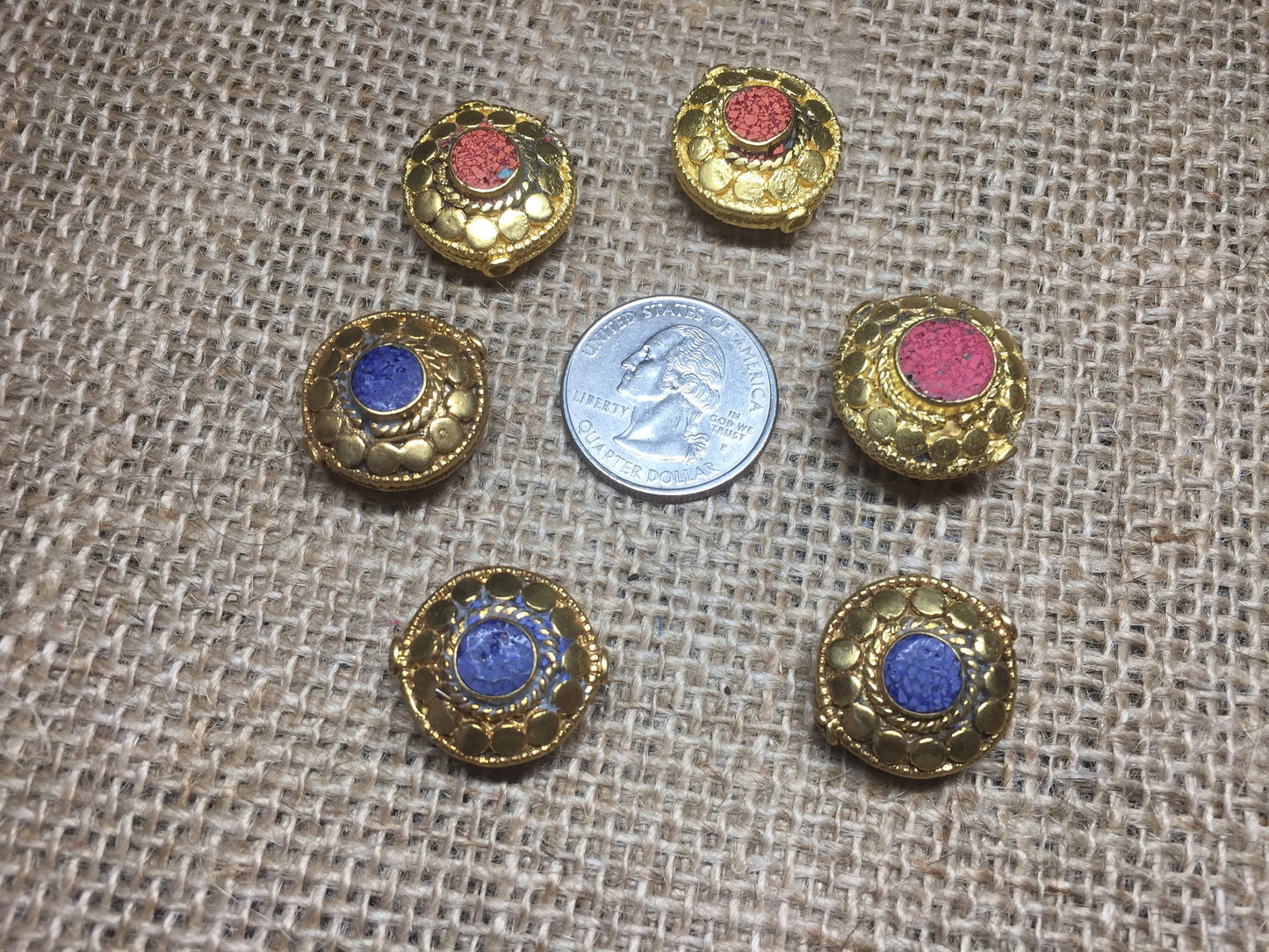 Tibetan Gold Bead, 18k Matte Gold Overlay with Anti Tarnish, Coral or Lapis Inlaid Beads, Handmade in Nepal, Guru Bead for Necklace,Bracelet