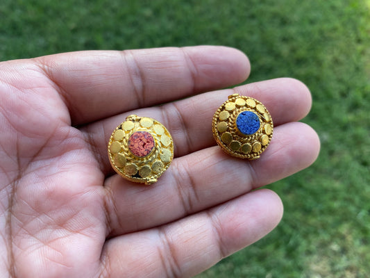 Tibetan Gold Bead, 18k Matte Gold Overlay with Anti Tarnish, Coral or Lapis Inlaid Beads, Handmade in Nepal, Guru Bead for Necklace,Bracelet