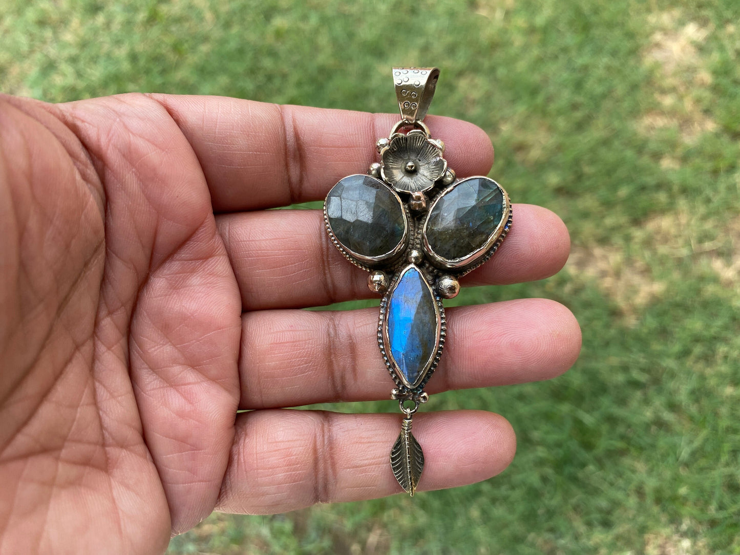 Labradorite Natural Stone Tibetan Silver Pendant, Tibetan Jewelry, Women's Jewelry, Statement Jewelry, Birthstone,  Natural Gemstone