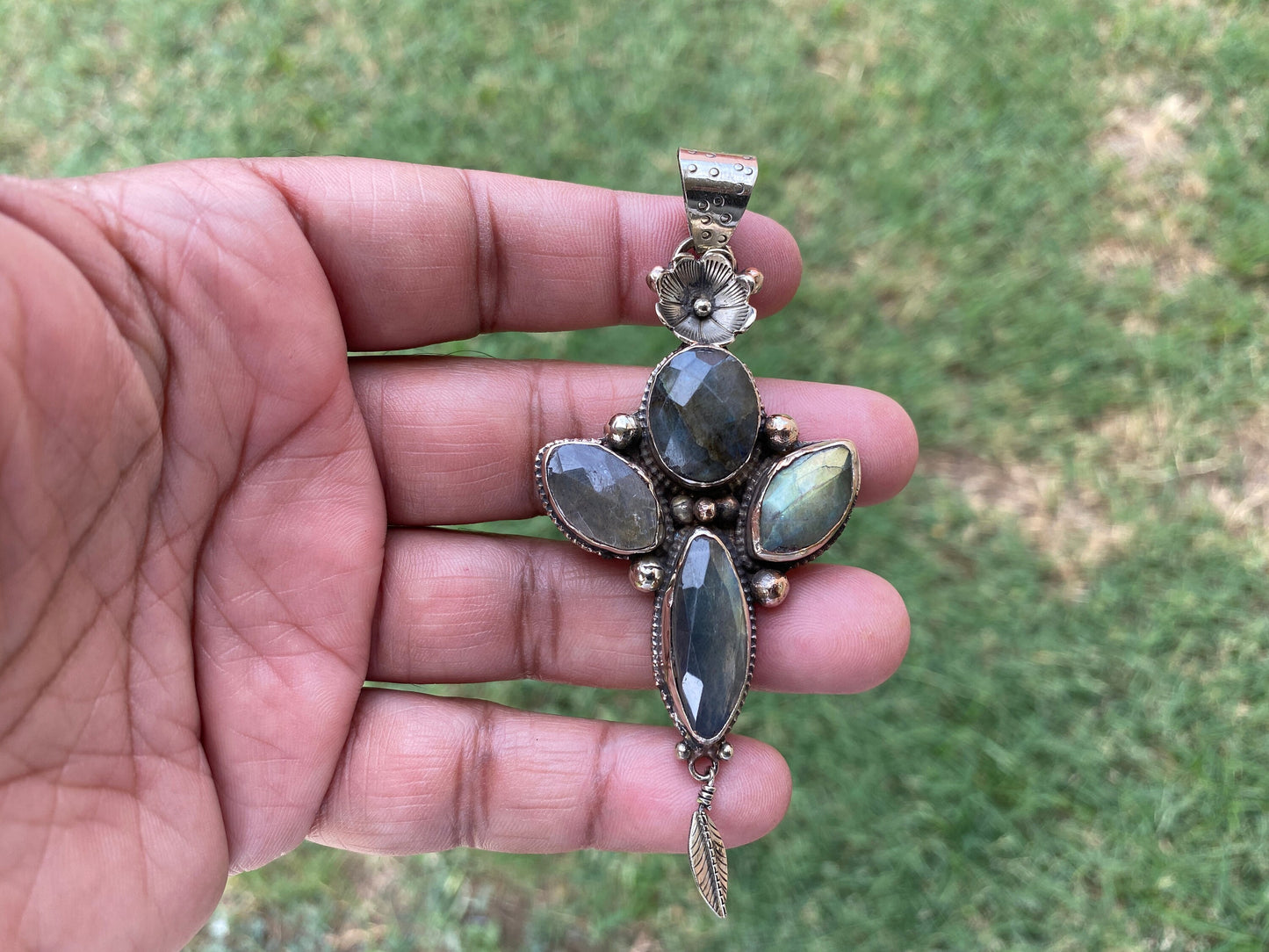 Labradorite Natural Stone Tibetan Silver Pendant, Tibetan Jewelry, Women's Jewelry, Statement Jewelry, Birthstone,  Natural Gemstone
