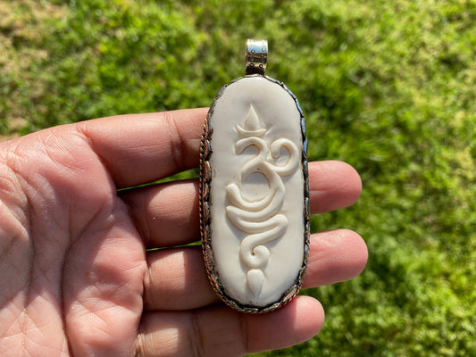 Tibetan Ohm Mani Mantra Hand Carved Buffalo Bone Tibetan Silver Pendant, For Men or Women, Yoga Meditation Jewelry, Unisex Chakra Pendant