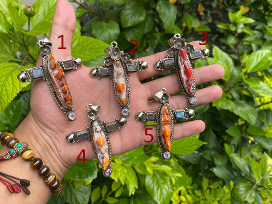 Tibetan Silver Cross Pendant with Spiny Orange Oyster & Natural Gemstones, Hand-carved floral design, Unique wears, Boho Pendant, Gift ideas