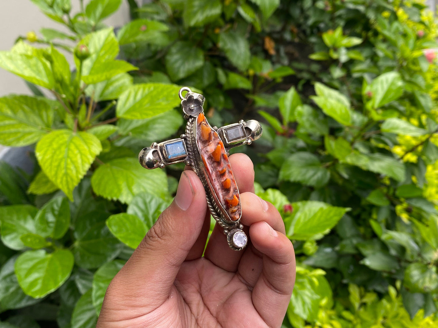 Tibetan Silver Cross Pendant with Spiny Orange Oyster & Natural Gemstones, Hand-carved floral design, Unique wears, Boho Pendant, Gift ideas