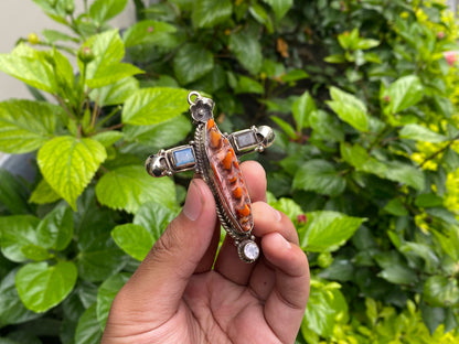 Tibetan Silver Cross Pendant with Spiny Orange Oyster & Natural Gemstones, Hand-carved floral design, Unique wears, Boho Pendant, Gift ideas