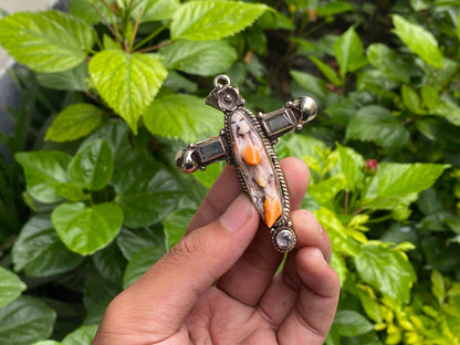 Tibetan Silver Cross Pendant with Spiny Orange Oyster & Natural Gemstones, Hand-carved floral design, Unique wears, Boho Pendant, Gift ideas