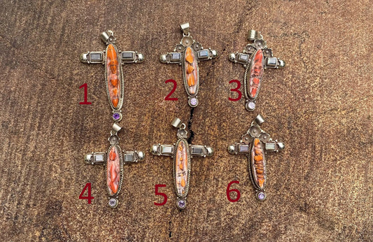 Cross Shaped Spiny Orange Oyster Pendant adorned with Natural Gemstones & Tibetan Silver Details, Healing Pendant, Handmade Unisex Pendant.