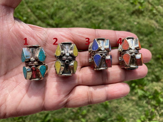 Tibetan Silver Focal Bead, Turquoise, Coral, Lapis Inlaid, Bead for Necklace, Bracelet Charm, Mala Bead, Hill Tribe Center Bead
