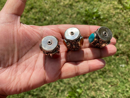 Tibetan Silver Guru Bead, Turquoise, Coral Inlaid, Himalayan Bead for Necklace, Bracelet Charm, Mala Bead, Hill Tribe Center Bead
