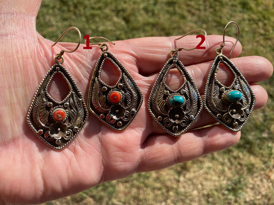 Tibetan Silver Large Earrings, Turquoise or Red Coral, Birthstone Earrings, Birthday Gift, Dangle Earrings, Bridesmaid Earring, Light Weight