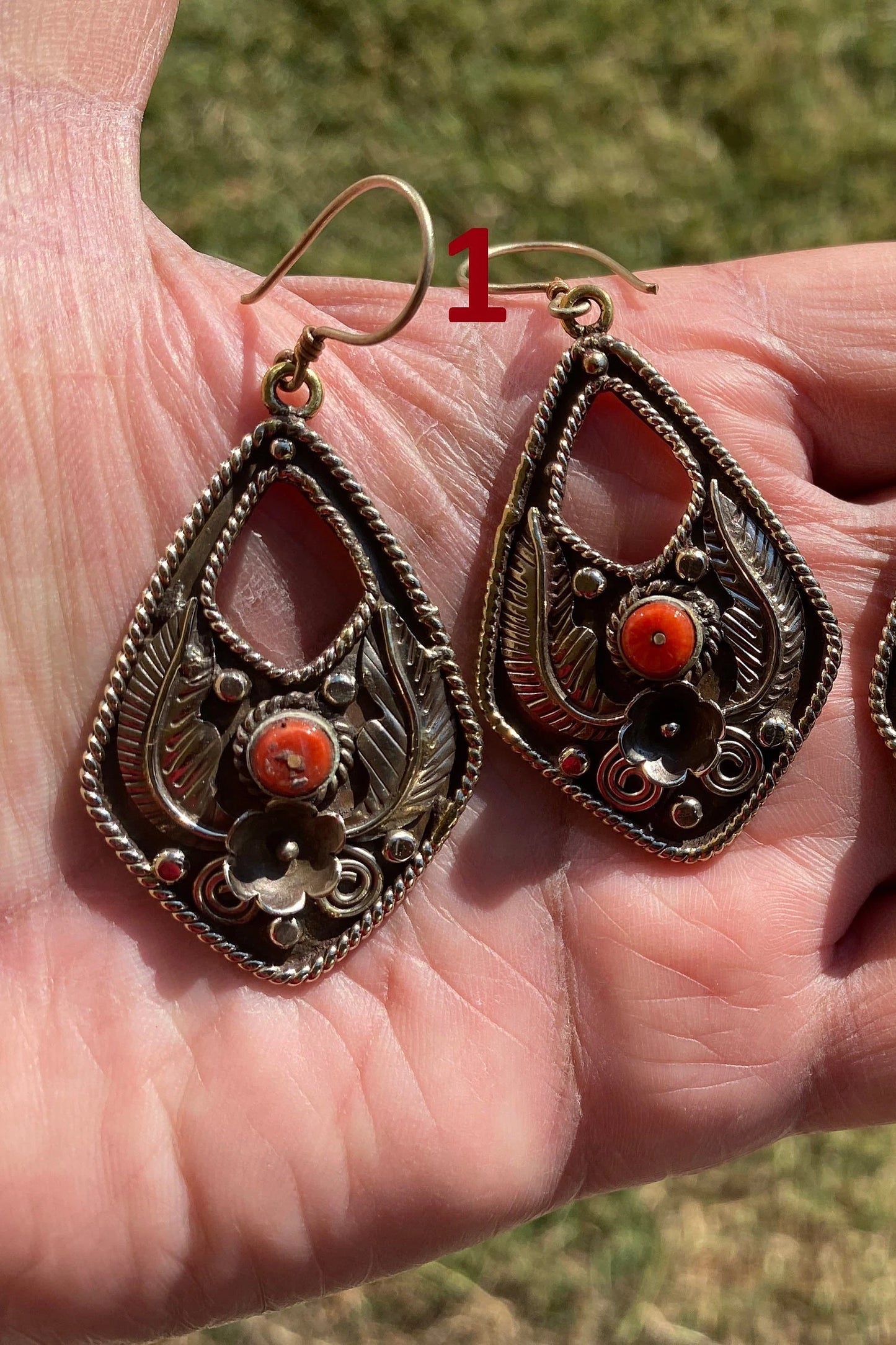 Tibetan Silver Large Earrings, Turquoise or Red Coral, Birthstone Earrings, Birthday Gift, Dangle Earrings, Bridesmaid Earring, Light Weight