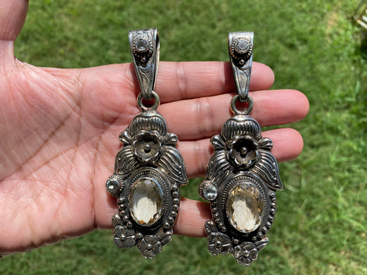 Tibetan Silver Large Pendant, Citrine Gemstone Pendant for Necklace, Jewelry from Nepal, Hand Carved Pendant,Nepal Ethnic Hill Tribe Jewelry