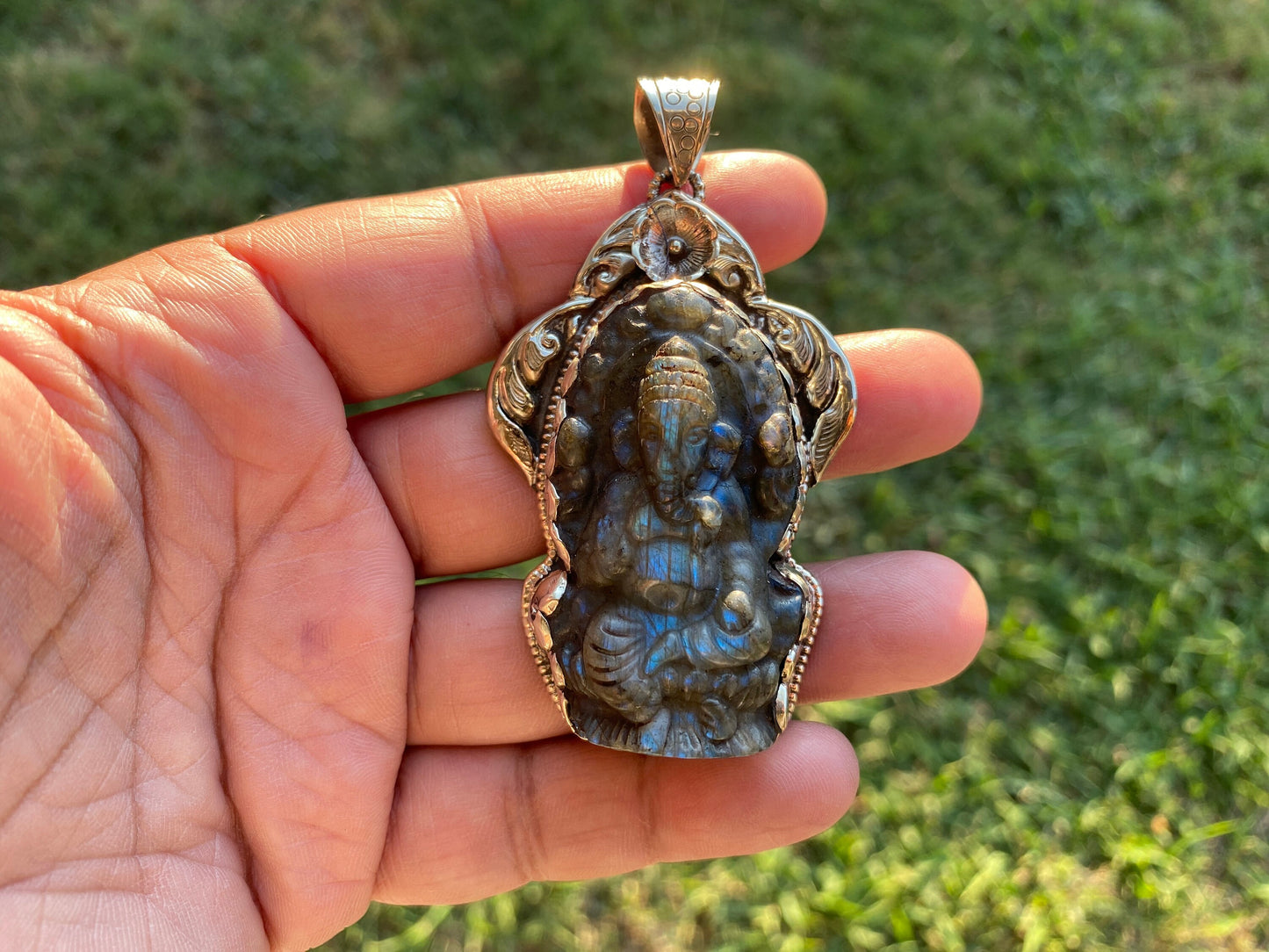 Carved Lord Ganesh Labradorite Pendant, Tibetan Silver Pendant, Deity Jewelry, Hindu Symbolism, Spiritual Accessory, Remover Of Obstacles