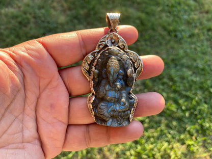 Carved Lord Ganesh Labradorite Pendant, Tibetan Silver Pendant, Deity Jewelry, Hindu Symbolism, Spiritual Accessory, Remover Of Obstacles