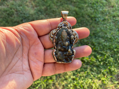 Carved Lord Ganesh Labradorite Pendant, Tibetan Silver Pendant, Deity Jewelry, Hindu Symbolism, Spiritual Accessory, Remover Of Obstacles