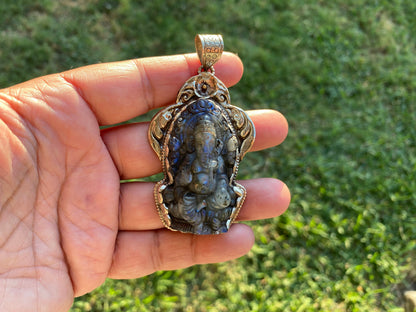 Carved Lord Ganesh Labradorite Pendant, Tibetan Silver Pendant, Deity Jewelry, Hindu Symbolism, Spiritual Accessory, Remover Of Obstacles