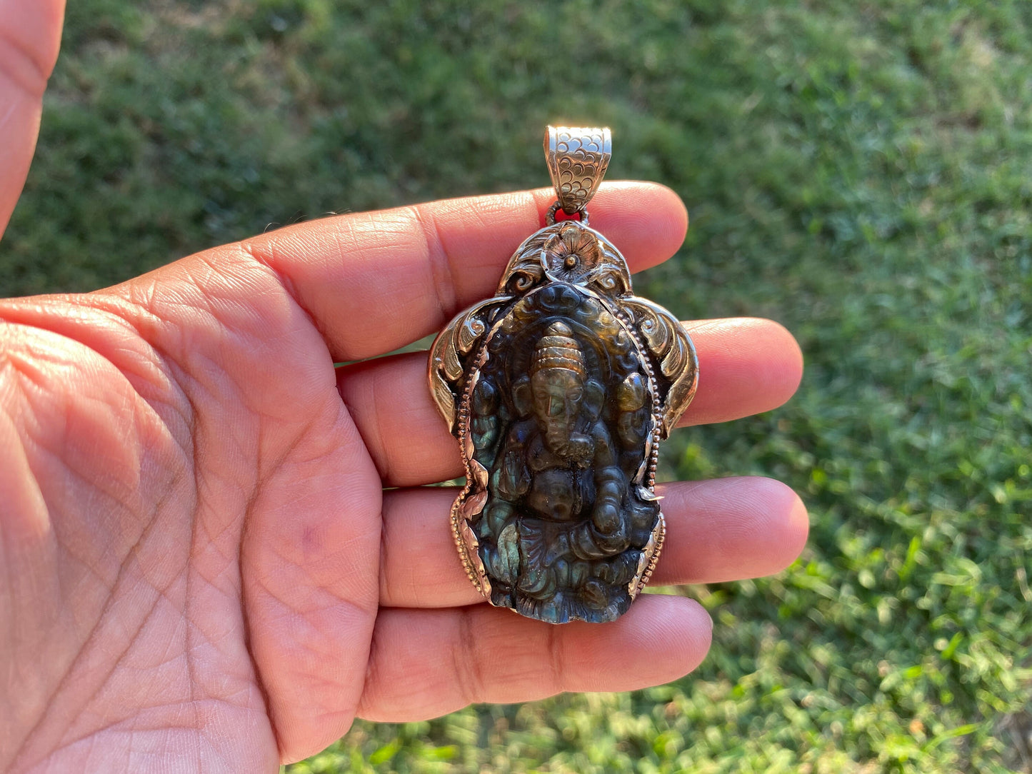 Carved Lord Ganesh Labradorite Pendant, Tibetan Silver Pendant, Deity Jewelry, Hindu Symbolism, Spiritual Accessory, Remover Of Obstacles