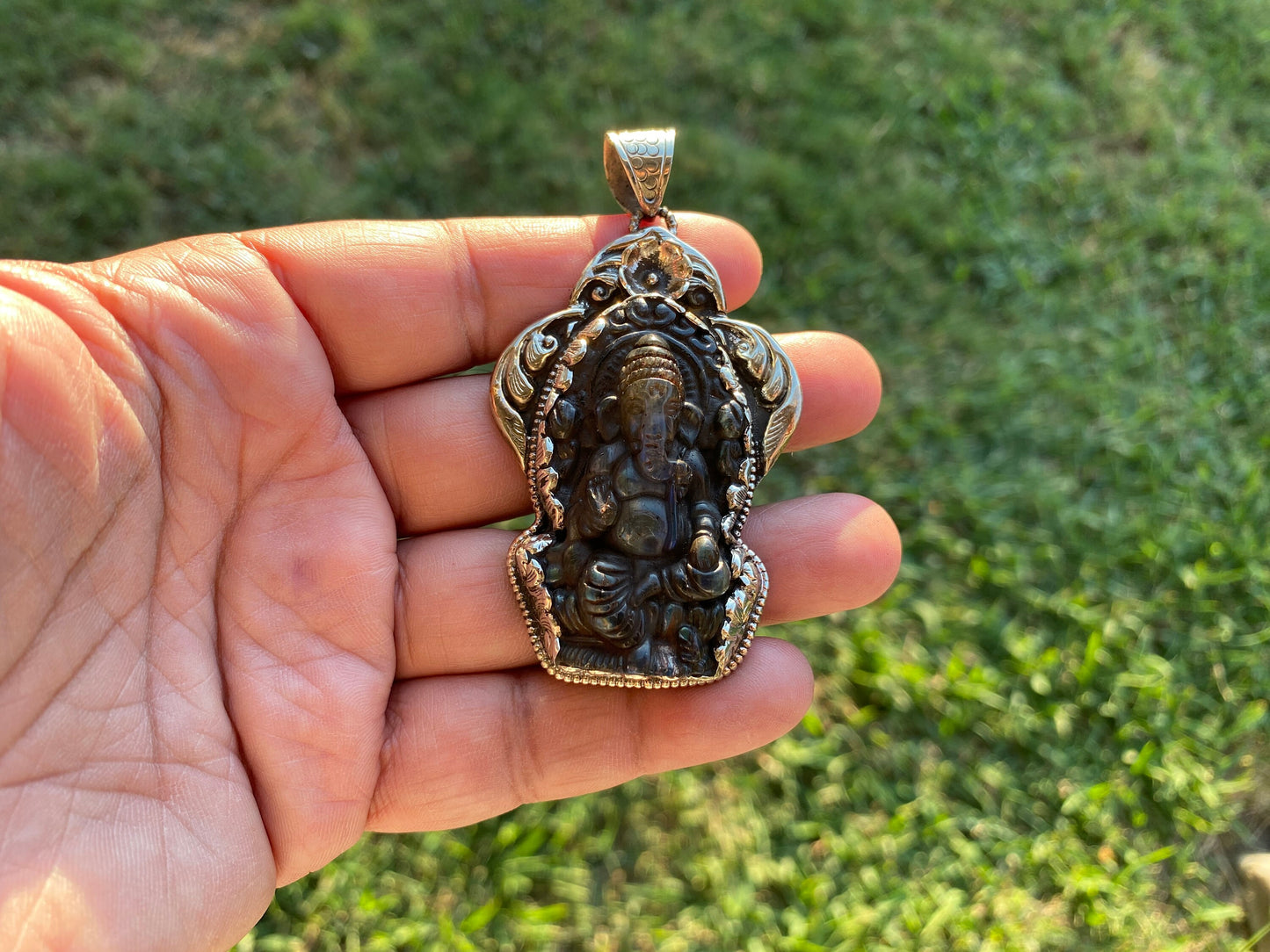 Carved Lord Ganesh Labradorite Pendant, Tibetan Silver Pendant, Deity Jewelry, Hindu Symbolism, Spiritual Accessory, Remover Of Obstacles