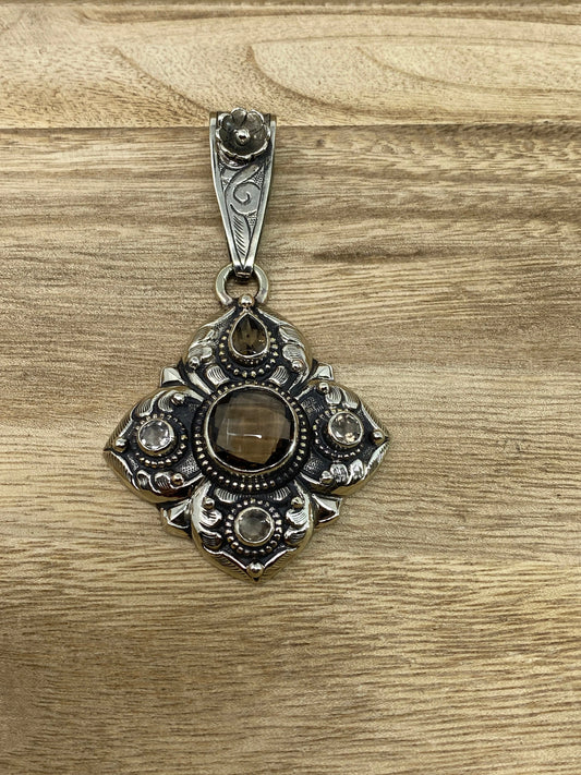 Tibetan Silver Pendant, Faceted Smoky Topaz, Handcrafted, Floral Designs, Himalayan, Hill Tribe, Ethnic Nepal Jewelry, Pendant for Necklace