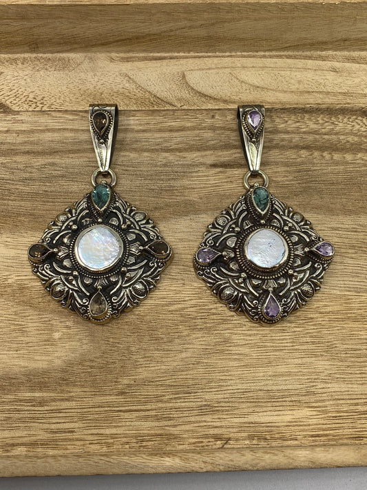 Tibetan Silver Pendant, Natural Pearl, Faceted Green Amethyst, Smoky Topaz or Amethyst, Floral Hand carved, Ethnic, Hill Tribe, Himalayan