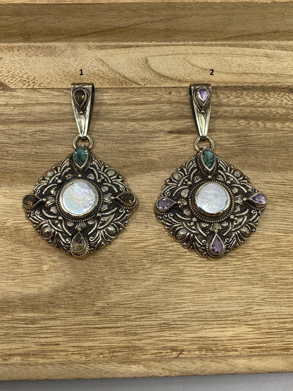 Tibetan Silver Pendant, Natural Pearl, Faceted Green Amethyst, Smoky Topaz or Amethyst, Floral Hand carved, Ethnic, Hill Tribe, Himalayan