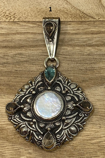 Tibetan Silver Pendant, Natural Pearl, Faceted Green Amethyst, Smoky Topaz or Amethyst, Floral Hand carved, Ethnic, Hill Tribe, Himalayan